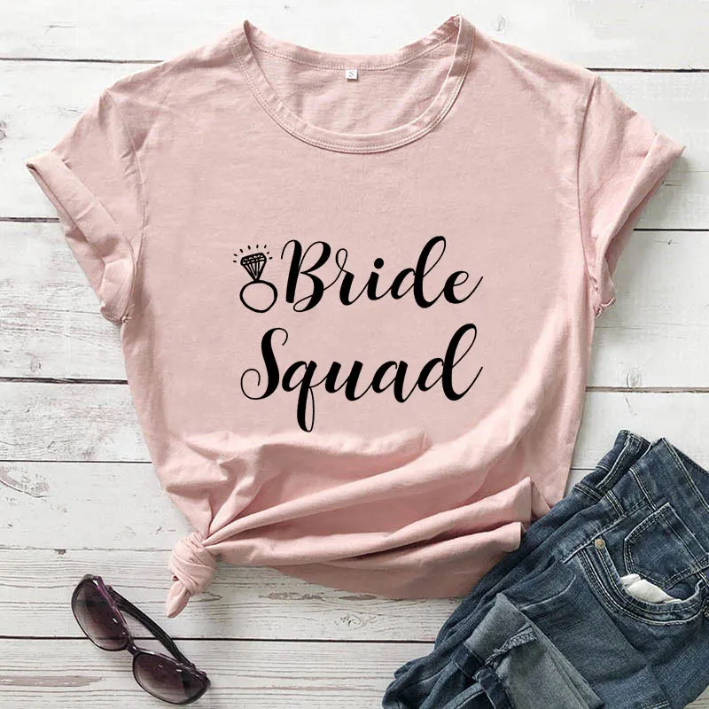 Foreign Trade T Shirt Bride Squad Bride Diamond Type, Fashionable Short-sleeved Letter T Shirt - Peachblack