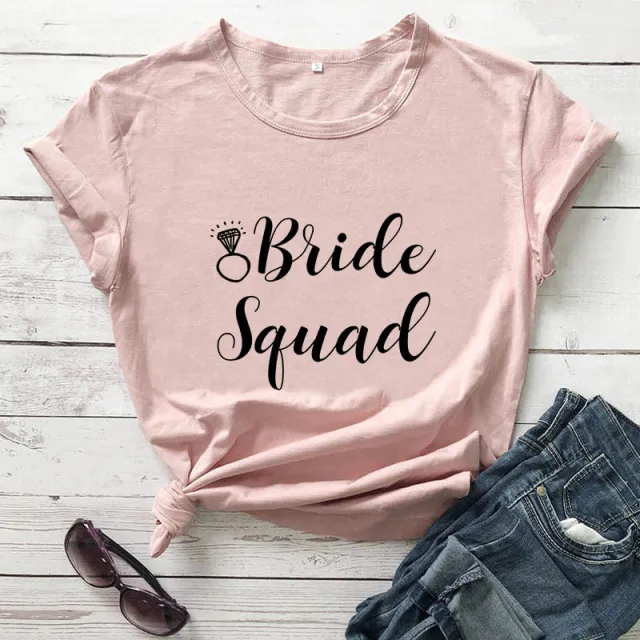 Foreign Trade T Shirt Bride Squad Bride Diamond Type, Fashionable Short sleeved Letter T Shirt Peachblack - Shop at LoveMi