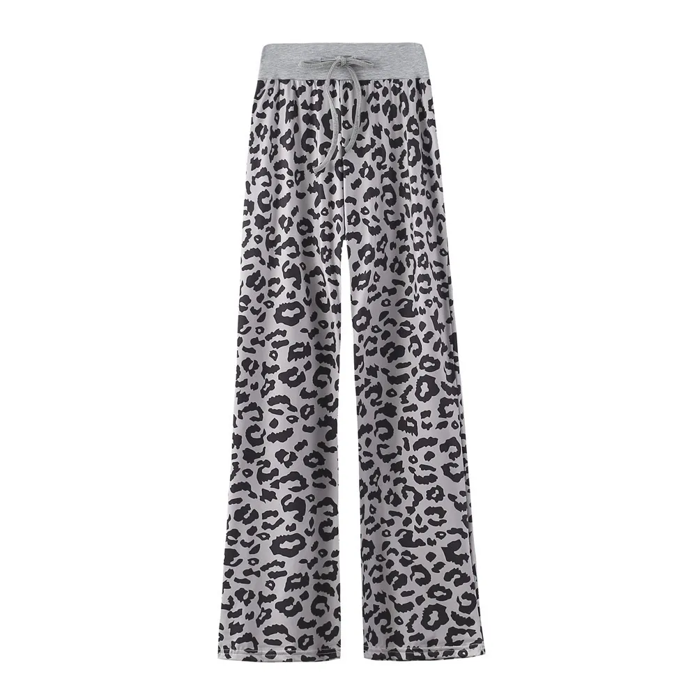 Leopard Print Stretch Drawstring Wide Leg Pants Women - 2Style