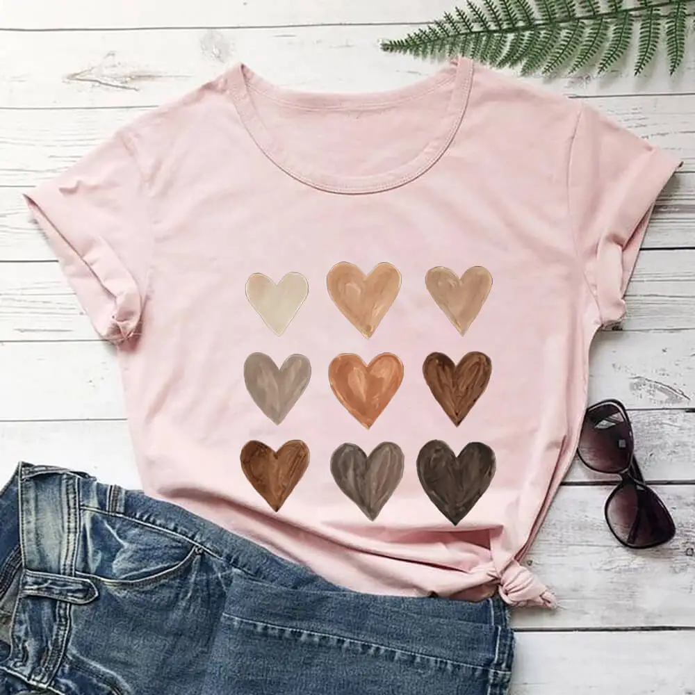 Love Color Print T-shirt Round Neck Short Sleeve - Light Pink