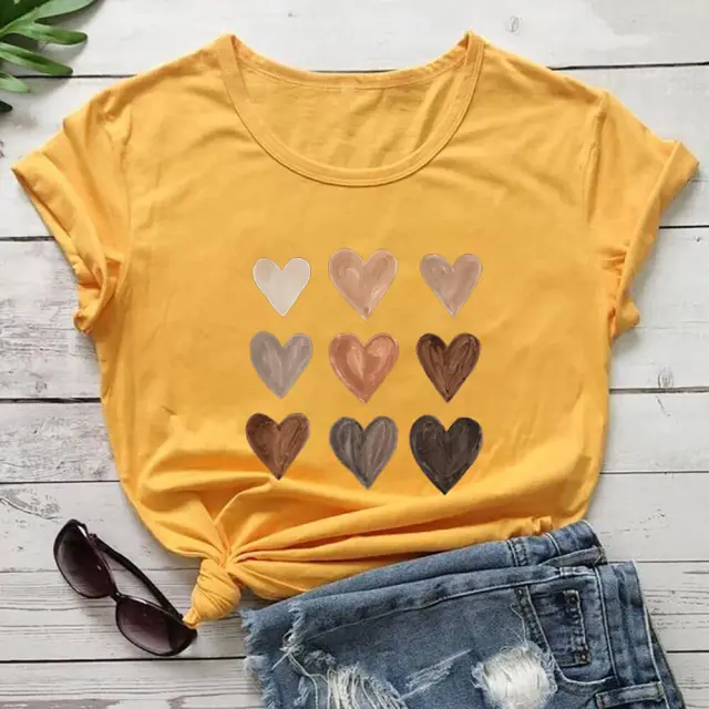 Love Color Print T shirt Round Neck Short Sleeve Yellow - Shop at LoveMi