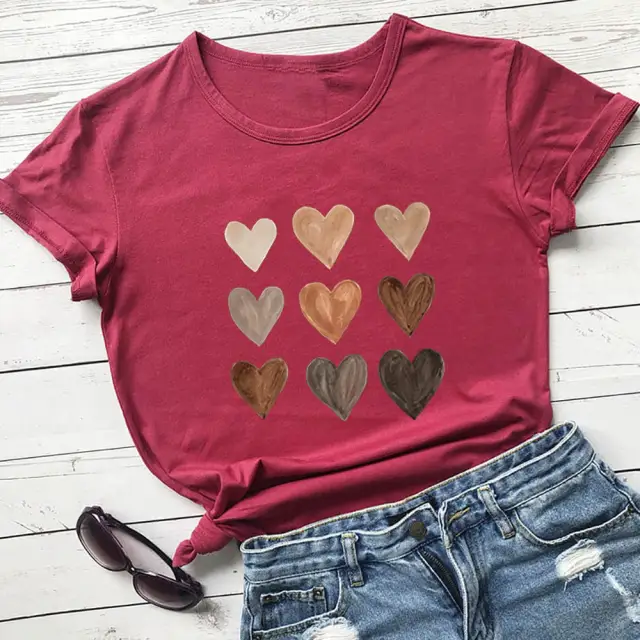 Love Color Print T shirt Round Neck Short Sleeve Wine Red - Shop at LoveMi