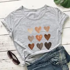 Love Colour Print T-shirt Round Neck Short Sleeve - Grey - View 1