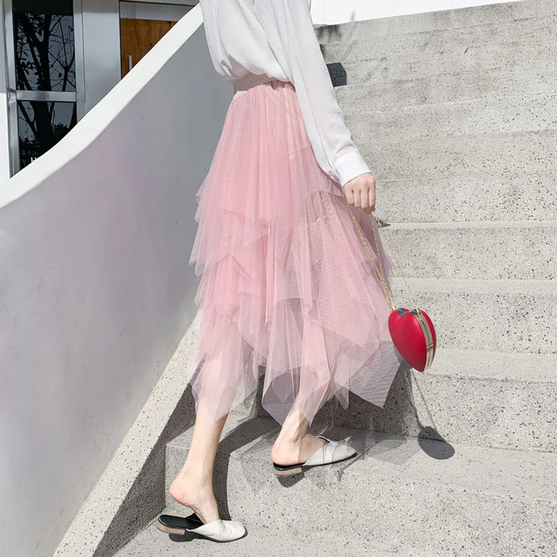 Irregular Mesh Skirt Female High Waist Age-Reducing A-Line Fairy Puff Skirt Gauze Skirt Mid-Length