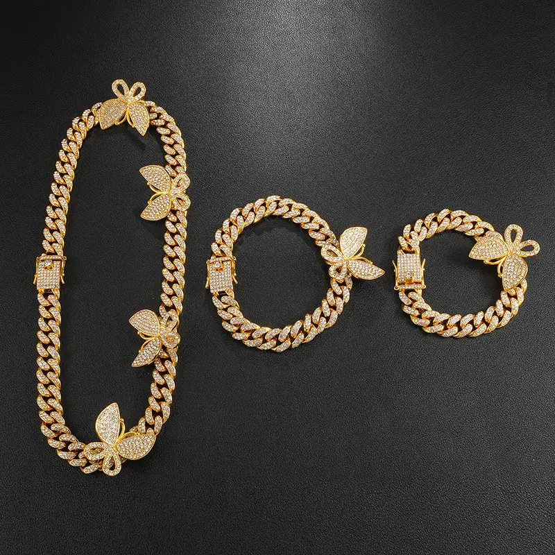 Hip Hop Full Rhinestone Butterfly Cuban Chain 13mm Anklet