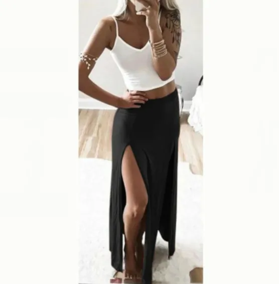 Summer Women'S Double Slit Elastic Waist Skirt Black - Shop at LoveMi