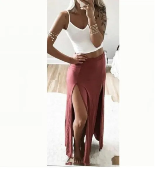 Summer Women'S Double Slit Elastic Waist Skirt Pink - Shop at LoveMi