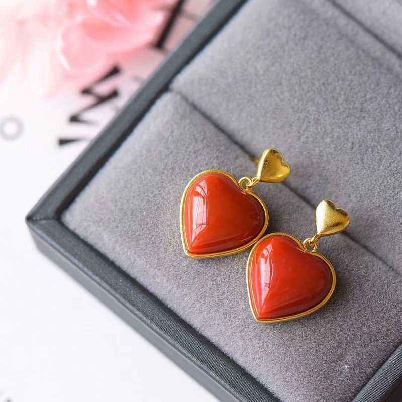 South Red Agate Heart Stud Earrings 925 Inlaid Thick Gold