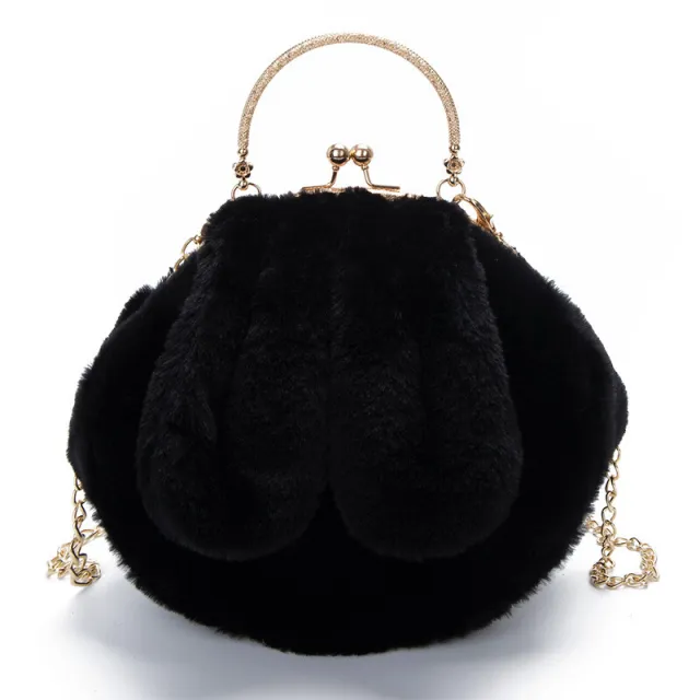 Plush Bag Faux Fur Rabbit Ear Clip Black - Shop at LoveMi