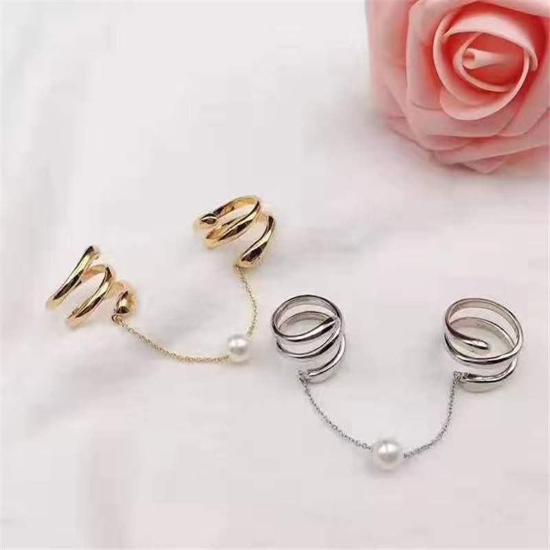 Double Ring Conjoined Tassel Ring Metal Rotating Individual Pearl Ring For Female