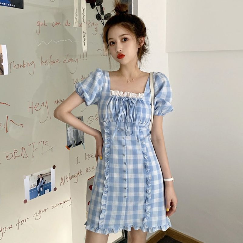 Short Puff Sleeve Dress Women Plaid Ruffles Lace-up Fashion Elegant Sweet