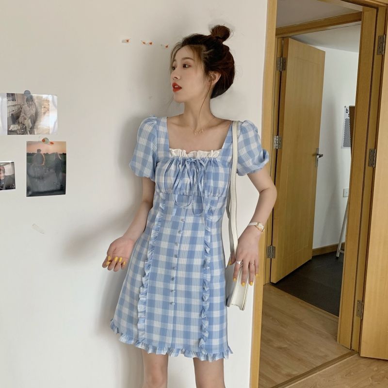 Short Puff Sleeve Dress Women Plaid Ruffles Lace up Fashion Elegant Sweet Picture Color - Shop at LoveMi