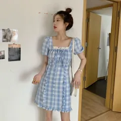 Short Puff Sleeve Dress Women Plaid Ruffles Lace-up Fashion Elegant Sweet - View 1