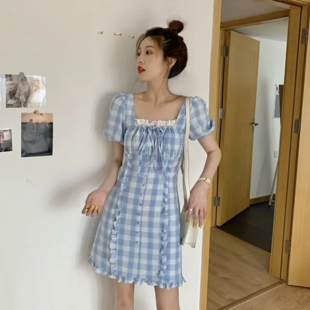 Short Puff Sleeve Dress Women Plaid Ruffles Lace up Fashion Elegant Sweet - Shop at LoveMi