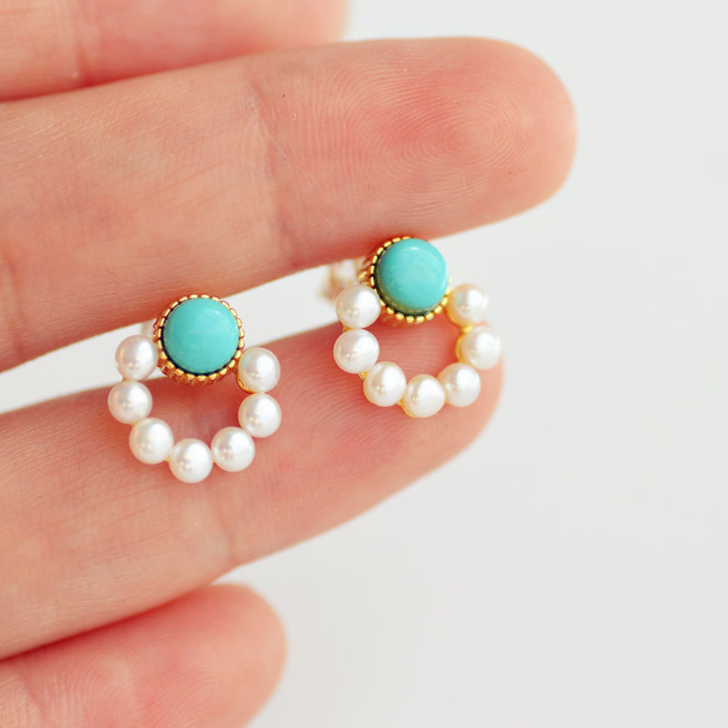 Turquoise Stud Earrings Pearl Circle Earrings
