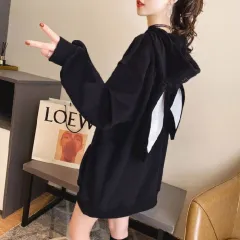 Sweet Cute Preppy Style Rabbit Ears Plus Velvet Thick Hoodies Women Long Sleeve Pullover Big Pocket Kawaii Sweatshirts for Girls - Black - View 1