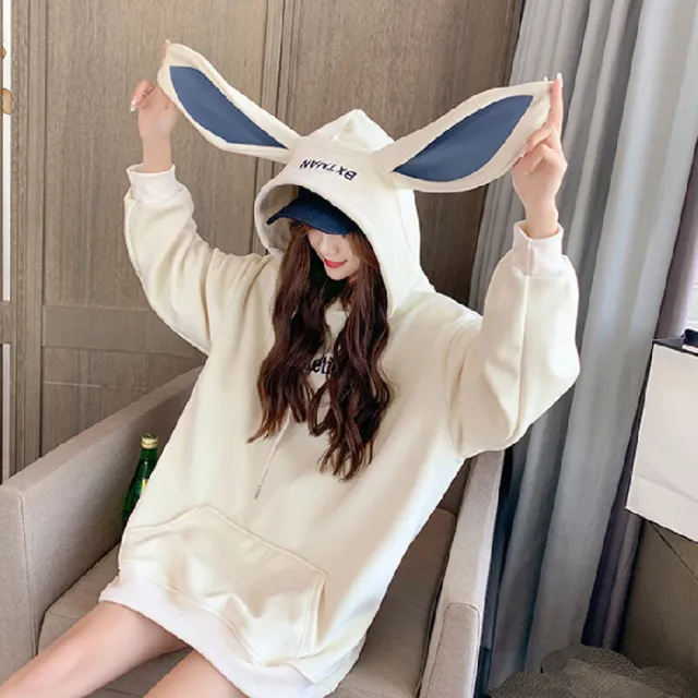 Sweet Cute Preppy Style Rabbit Ears Plus Velvet Thick Hoodies Women Long Sleeve Pullover Big Pocket Kawaii Sweatshirts for Girls White - Shop at LoveMi
