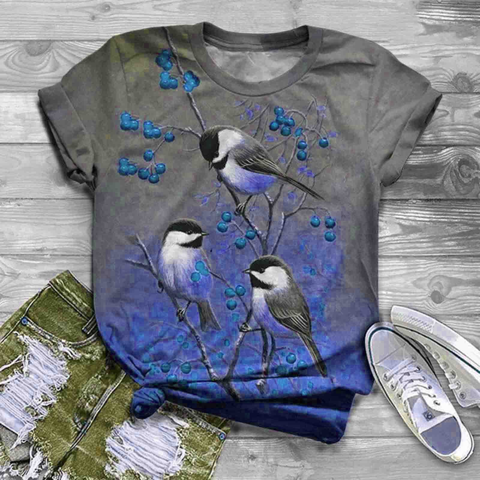 Title 6, Casual Gray Flower And Bird Print Round Neck Lo...