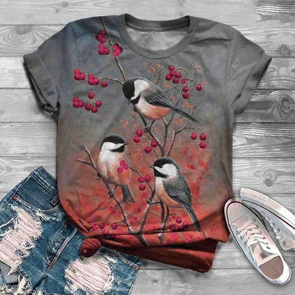 Casual Gray Flower And Bird Print Round Neck Loose Fashion T-Shirt - Red