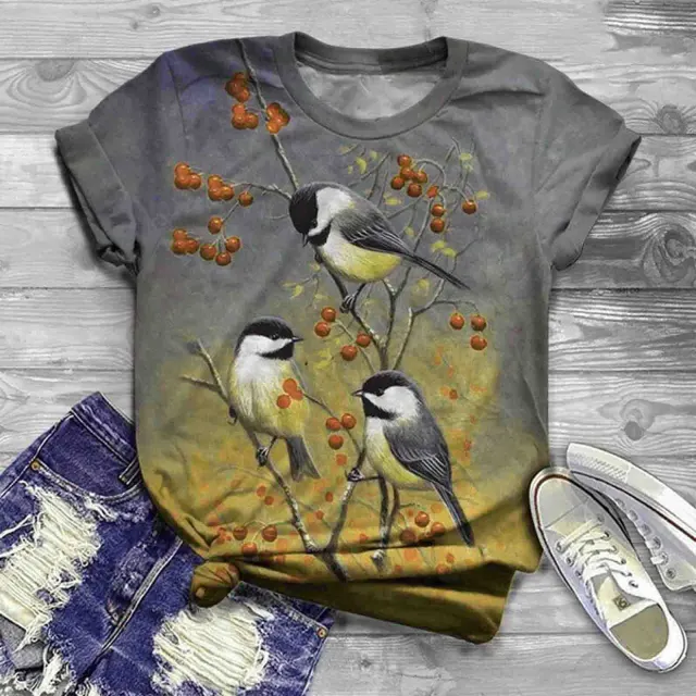 Casual Gray Flower And Bird Print Round Neck Loose Fashion T Shirt Yellow - Shop at LoveMi