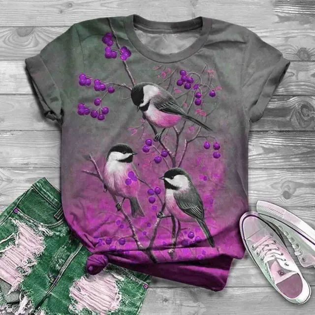 Casual Gray Flower And Bird Print Round Neck Loose Fashion T Shirt Purple - Shop at LoveMi