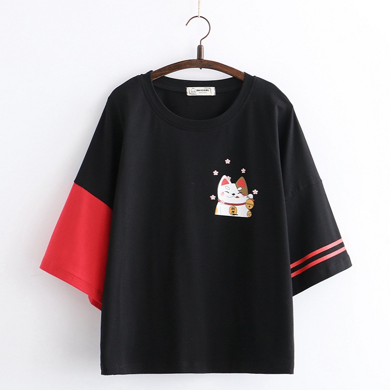 Title 2, Japanese Small Cartoon Cat Print Student Half-s...