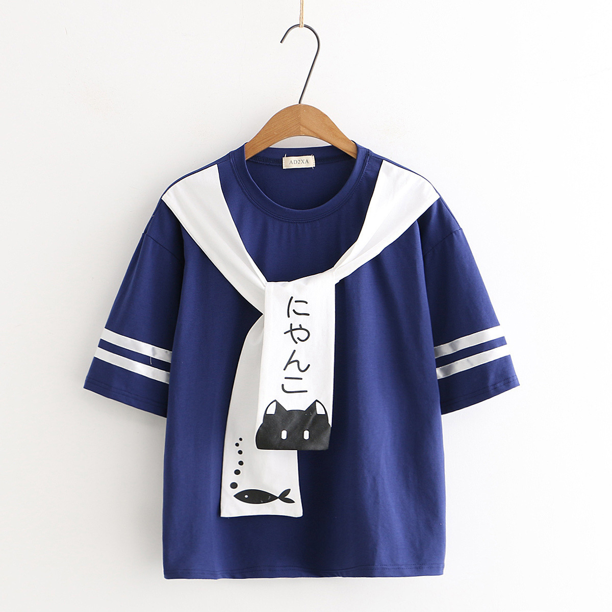 Title 4, Navy Shawl Cartoon Cat Print Round Neck Short-s...