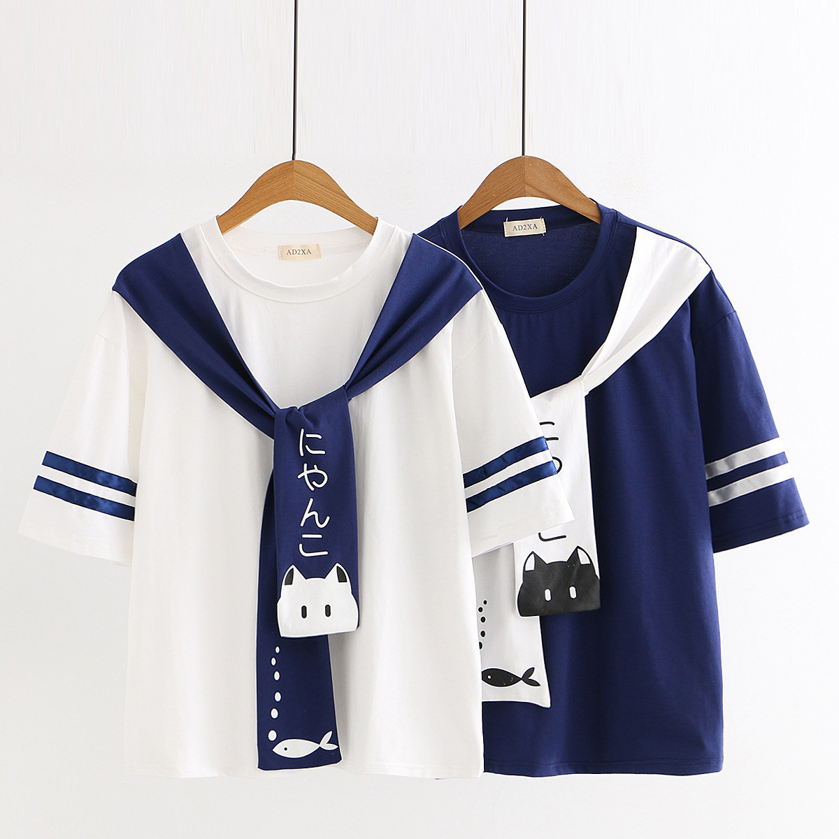 Title 1, Navy Shawl Cartoon Cat Print Round Neck Short-s...