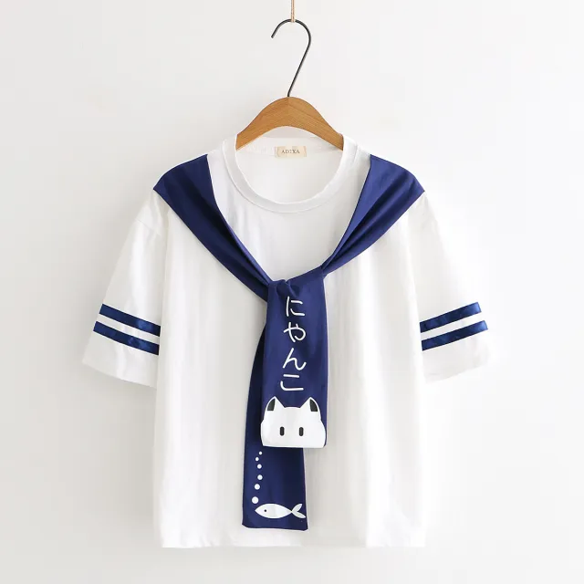 Navy Shawl Cartoon Cat Print Round Neck Short sleeved T shirt White - Shop at LoveMi