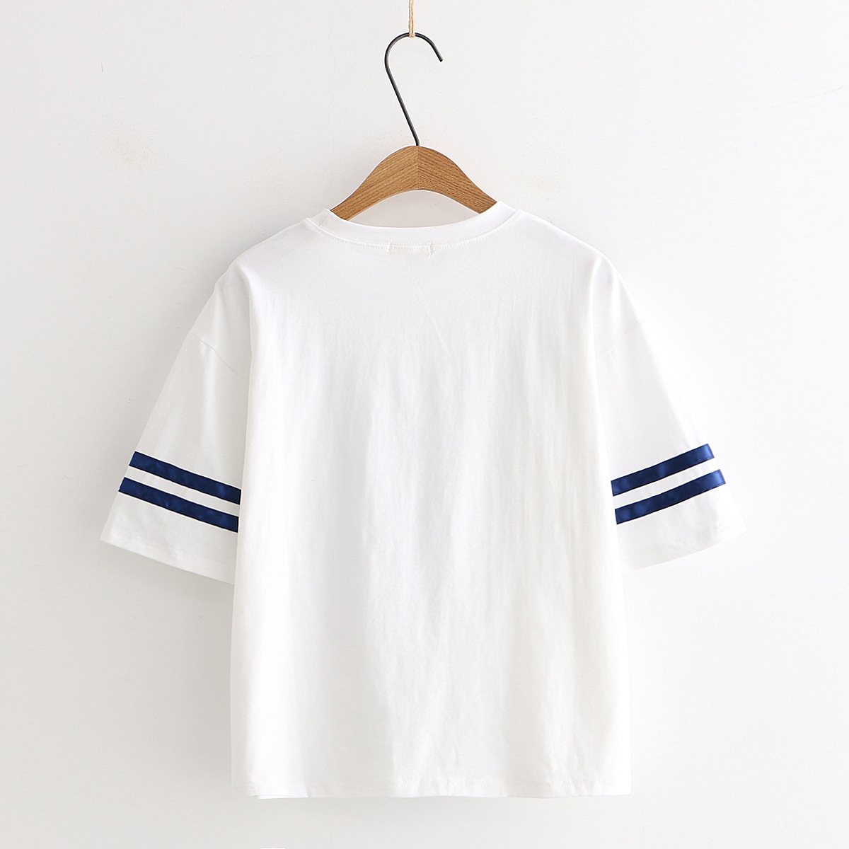 Navy Shawl Cartoon Cat Print Round Neck Short-sleeved T-shirt