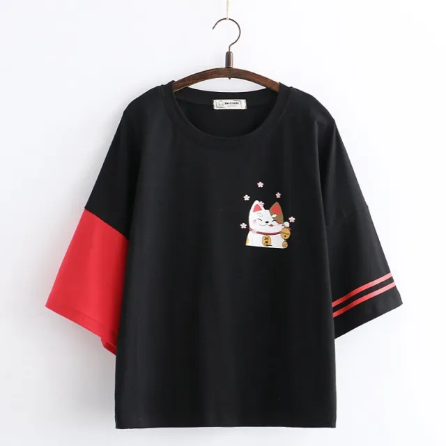 Japanese Small Cartoon Cat Print Student Half sleeved T shirt Women's Top Black - Shop at LoveMi