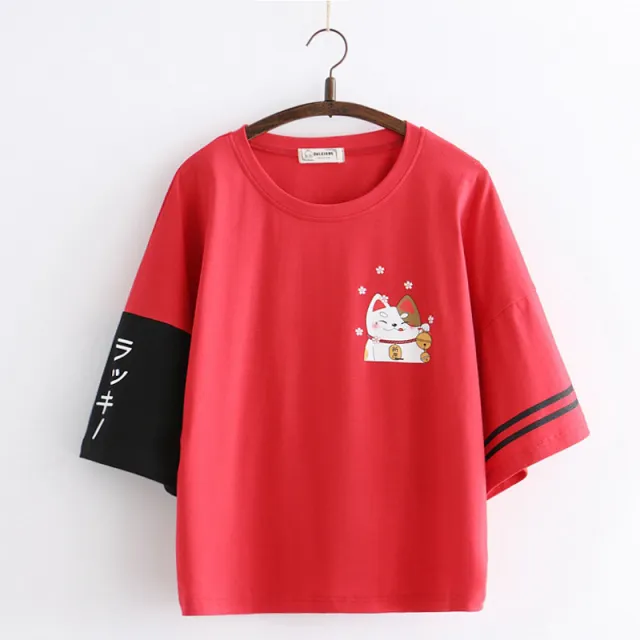 Japanese Small Cartoon Cat Print Student Half sleeved T shirt Women's Top Red - Shop at LoveMi
