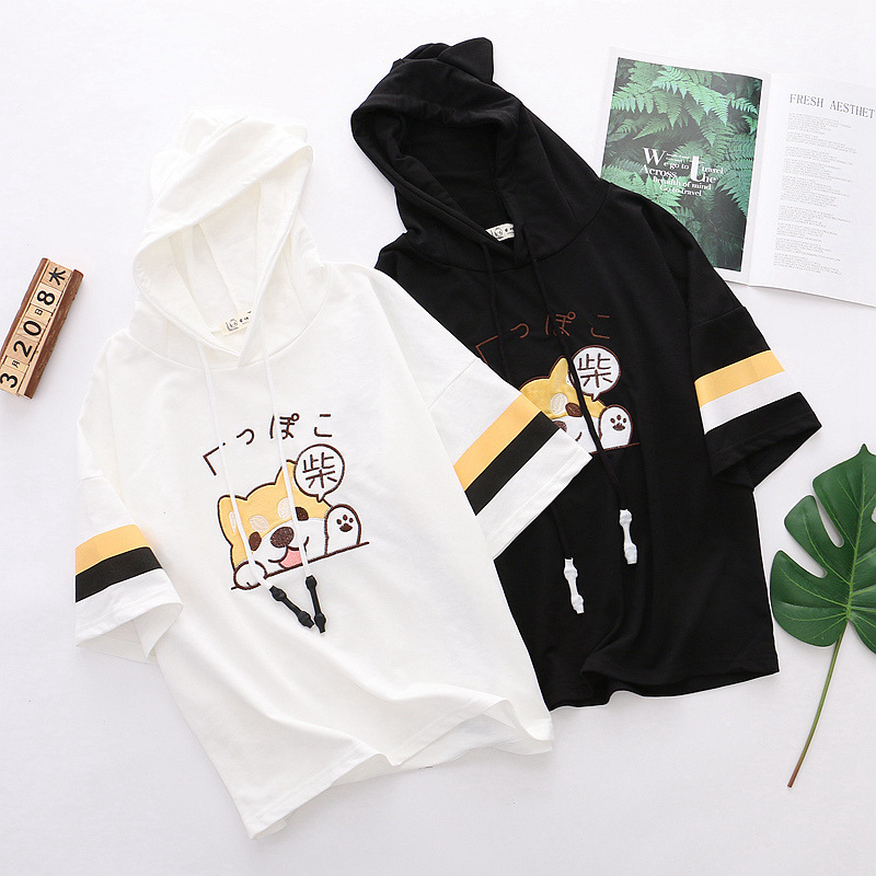 Ollege Style Summer Coat Cartoon Puppy Embroidery Hooded Short-sleeved