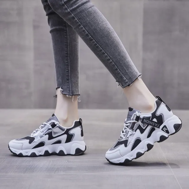 Chunky Leather Sneaker Women Spring Autumn Fashionable Black - Shop at LoveMi