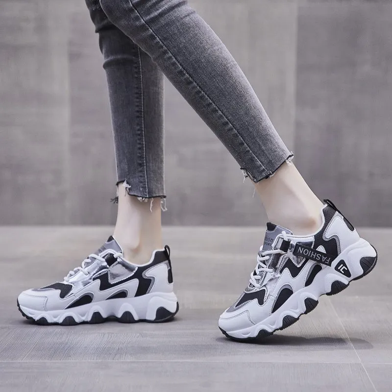 Chunky Leather Sneaker Women Spring Autumn Fashionable - Black