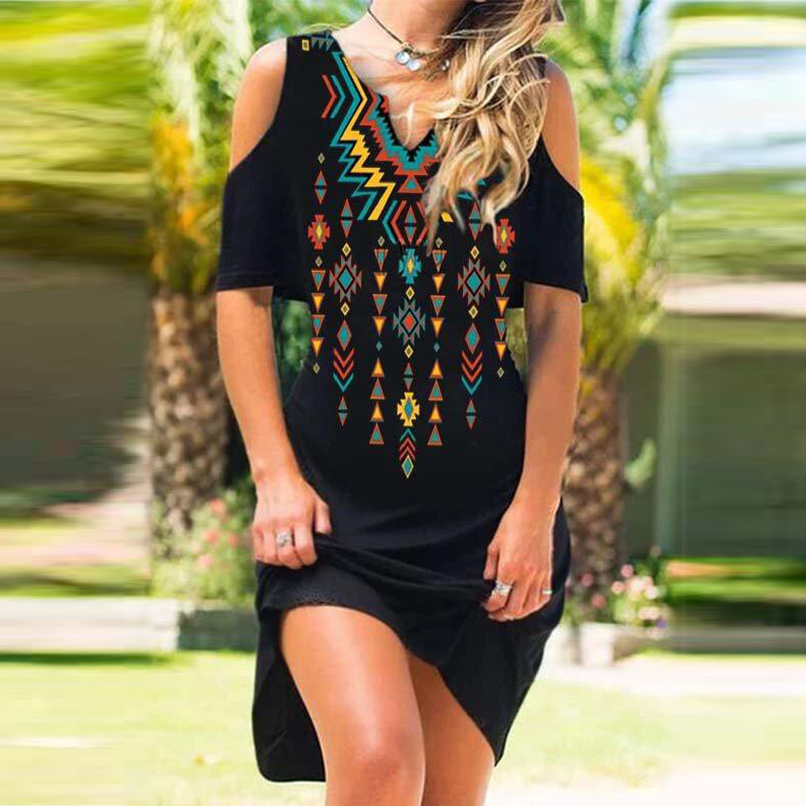 Printed small V-neck mid-length off-the-shoulder dress