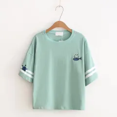 Cute Cartoon Cat Eating Fish Embroidery Round Neck Pullover Short Sleeve T-shirt Women - Blue - View 1