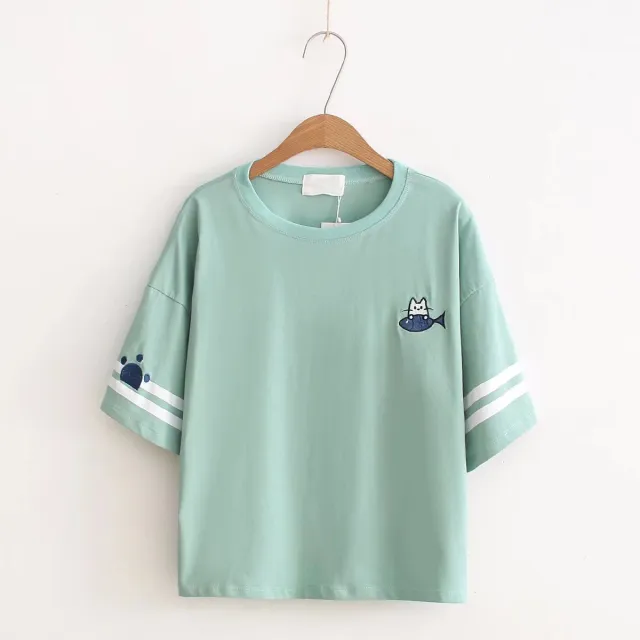 Cute Cartoon Cat Eating Fish Embroidery Round Neck Pullover Short Sleeve T shirt Women Blue - Shop at LoveMi