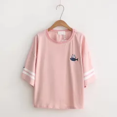 Cute Cartoon Cat Eating Fish Embroidery Round Neck Pullover Short Sleeve T-shirt Women - Pink - View 1