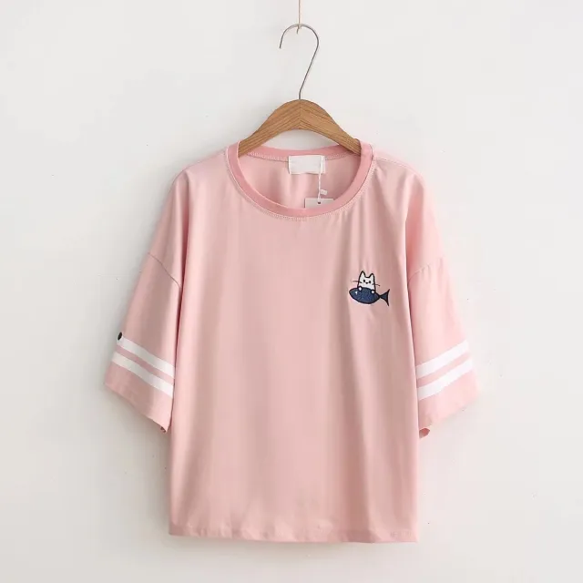 Cute Cartoon Cat Eating Fish Embroidery Round Neck Pullover Short Sleeve T shirt Women Pink - Shop at LoveMi