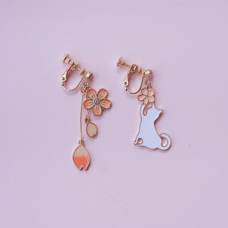 Japanese Style Antique Cherry Blossom Cat Rabbit Fan Asymmetrical Earrings