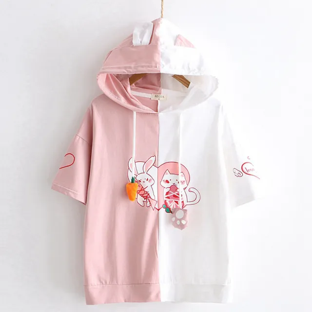 Summer College Wind Cartoon Around Fight Peach Heart Cat Hooded Short sleeved T shirt Female Student Shirt White - Shop at LoveMi