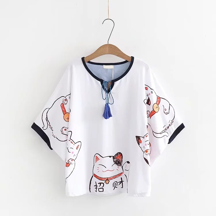 Title 12, Women Cartoon Lucky Cat Print Japan Style Haraj...