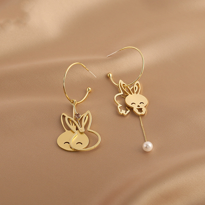 Pearl Earrings Fashion Sweet Girl Heart Asymmetrical Bunny Earrings