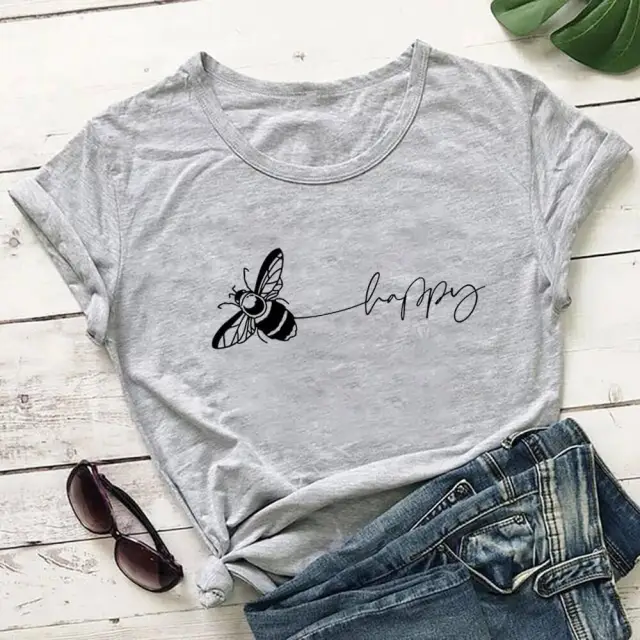Bee Print T Shirt Round Neck Short Sleeved T Shirt Grey - Shop at LoveMi