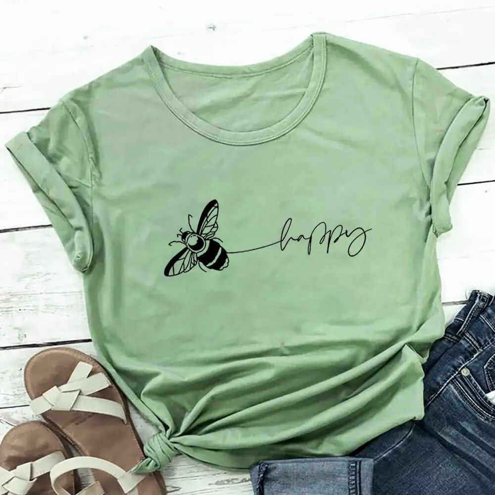 Bee Print T-Shirt Round Neck Short-Sleeved T-Shirt - Olive