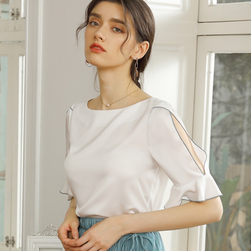 Short Sleeve Chiffon Shirt Crew Neck Top