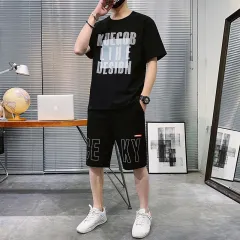 Summer New Men's Thin Suit Round Neck T-shirt A Set Of Two-piece Student Sports Two-piece Five-point Pants - Style C-Xl - View 1