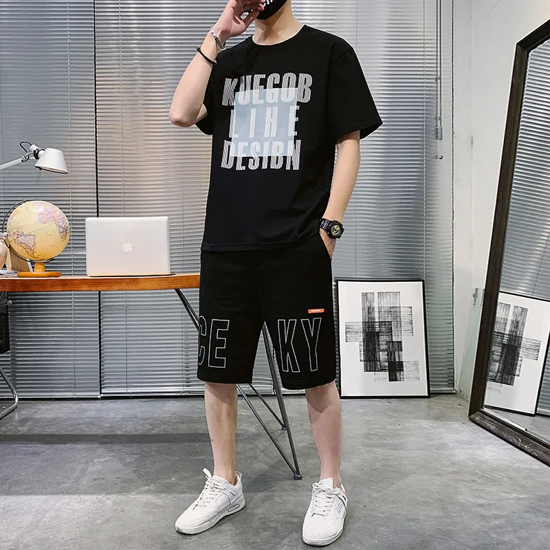 Summer New Men's Thin Suit Round Neck T-shirt A Set Of Two-piece Student Sports Two-piece Five-point Pants - Style C-Xl