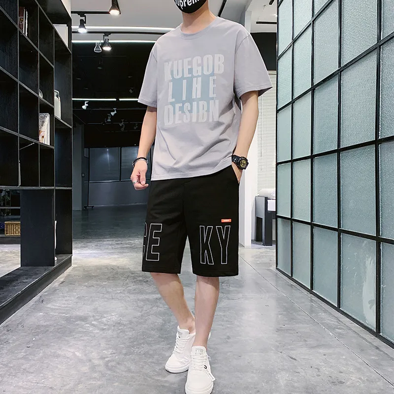 Summer New Men's Thin Suit Round Neck T-shirt A Set Of Two-piece Student Sports Two-piece Five-point Pants - Style E